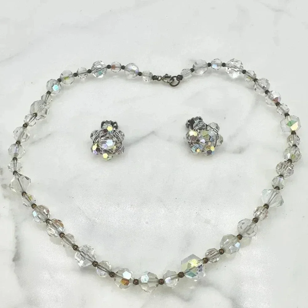 Vintage Crystal Aurora Borealis Necklace  Matching Clip On Earrings Set …
